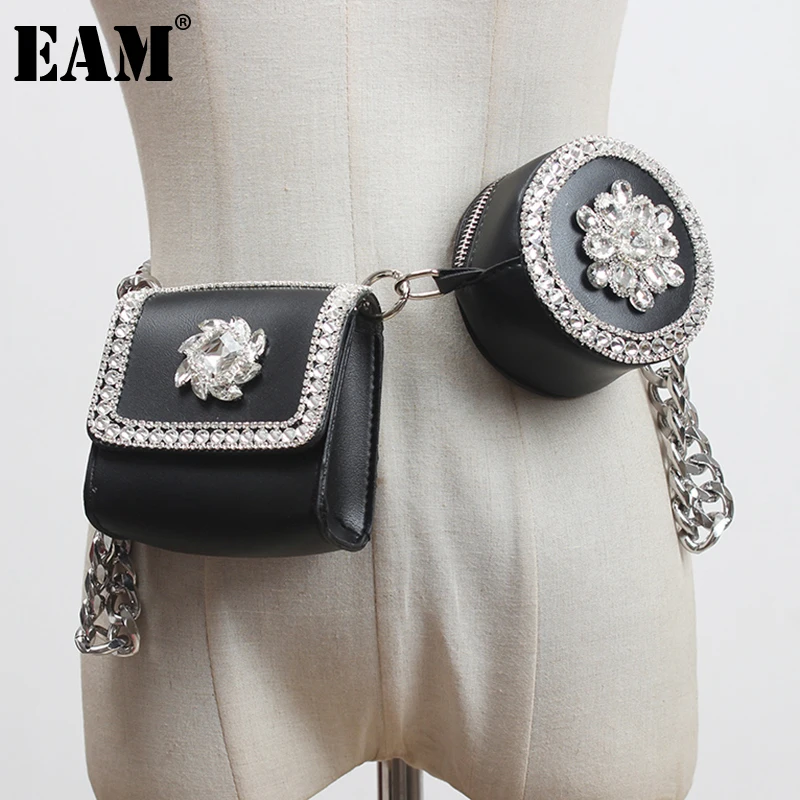 [EAM]  Pu Leather Black Rhinestones Mini-bag Long Belt Personality Women New Fashion Tide All-match Spring Autumn 2023 1Z745