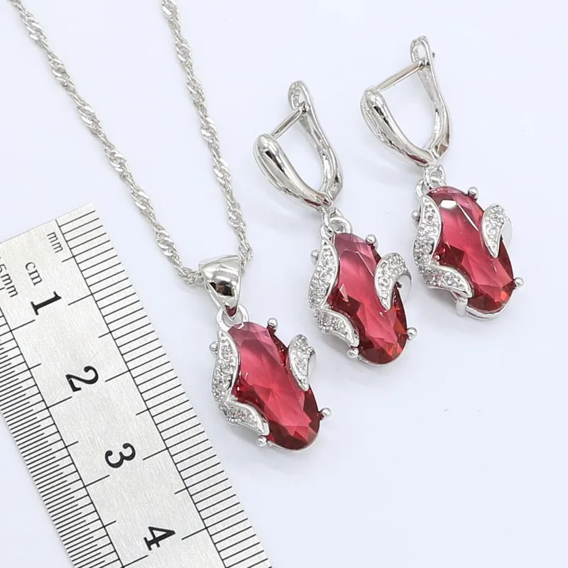 Red Ruby Silver Color Wedding Jewelry Set for Women Bracelet Earrings Necklace Pendant Ring Gift Box | Украшения и аксессуары
