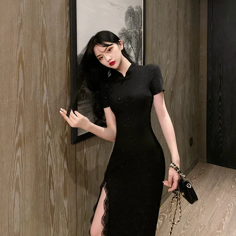 Женское винтажное платье Ципао, черное кружевное длинное платье в китайском стиле, традиционное платье для вечеринок от AliExpress WW