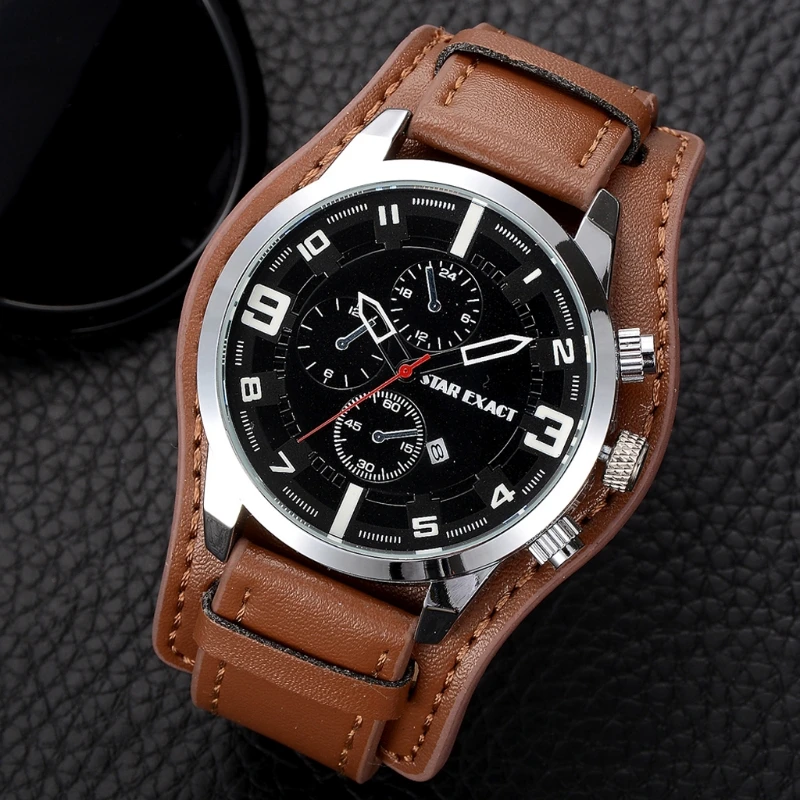 

Fashion Men Date Stainless Steel Faux Leather Analog Quartz Sport Wrist Watch 19QC