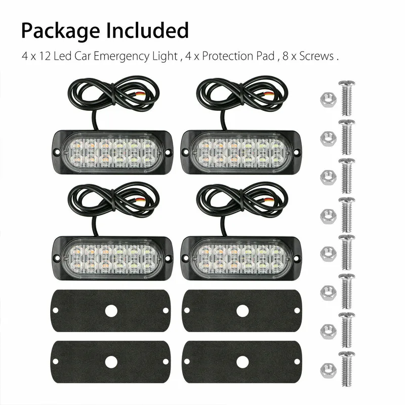 

4pcs 12-24V Car Truck Warning Strobe Light 12 LED Emergency Strobe Light Bar Hazard Beacon Flashing Lamp