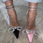 Обувь с острым носком; Модные женские сандалии; Обувь Пятно Ремешок на щиколотке на тонком высоком каблуке, с бантом Стразы Декор летние женские босоножки вечерние женские туфли-лодочки