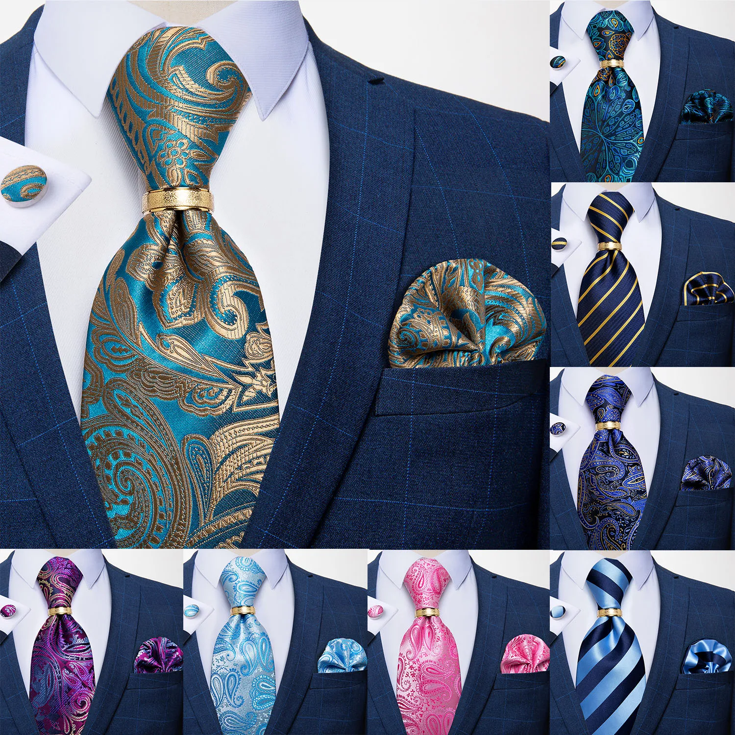 

Luxury Teal Blue Paisley Men Tie Silk Jacquard Woven 8cm Formal Business Wedding Necktie Handkerchief Cuffinks Ring Set DiBanGu