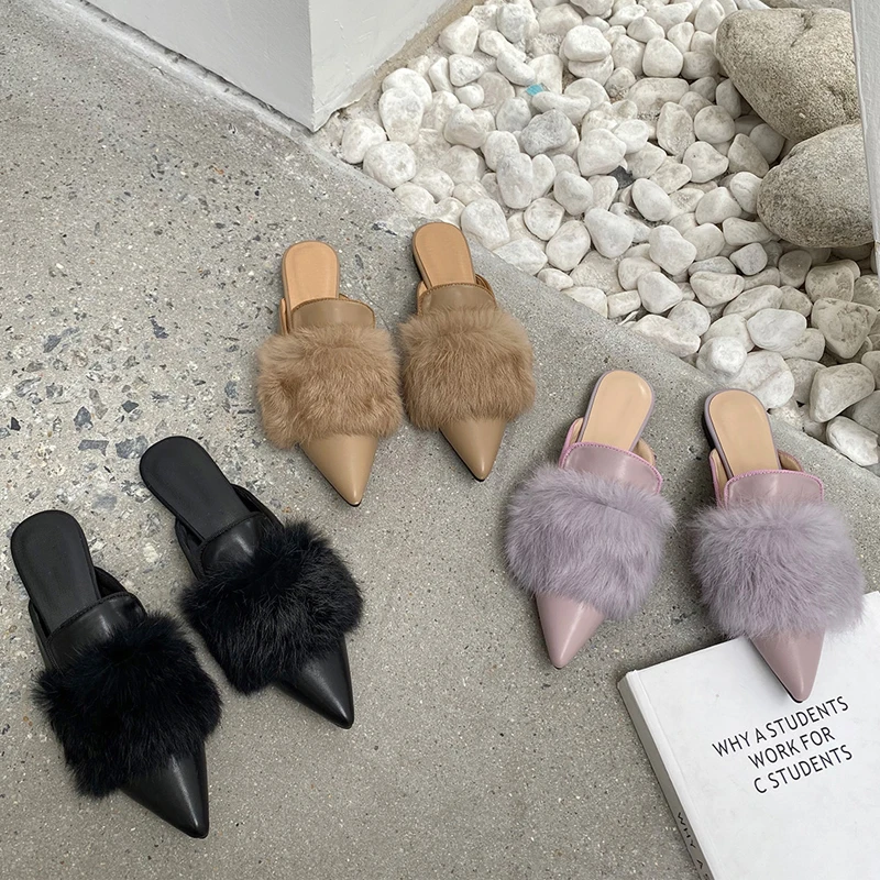 

2020 New Women Slippers Fur Causal Low Heels Slides Ladies Fashion Pointed Toe Slip On Summer Outdoor Female Flip Flop Shoes
