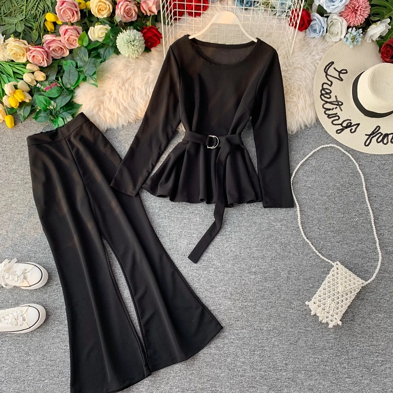ALPHALMODA модный костюм с длинными рукавами пуловер пояс-кушак наряд+ расклешенные ноги дамы 2 шт брюки костюмы сплошной осенний комплект одежды