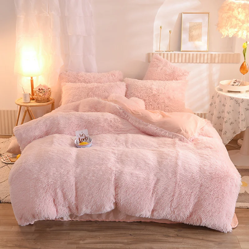 

Mink bedding pure color plush crystal velvet french velvet four-piece set warm princess room crystal velvet quilt pink girl bedd