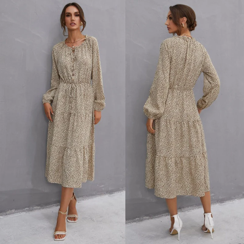 

Autumn And Winter European And American Fashion Bandage Is Slim Round Neck Pullover Splicing Leopard Print Long Sleeve Dress