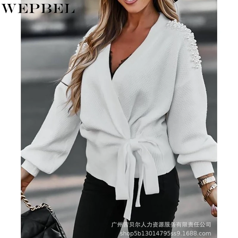 

WEPBEL Casual Solid Color Cardigan Sweater Women's Slim Beading Sweater Autumn Fashion Lantern Sleeve V-neck Bandage Sweater