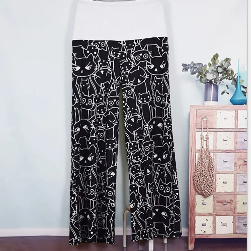 Милые женские пижамные штаны для сна с принтом кота из мультфильма длинные брюки