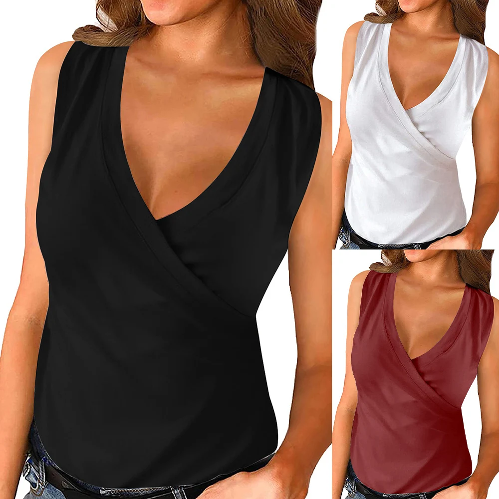 

Summer Sexy Slim Tanks Tops Women Sleeveless V-Neck Solid Blouses Casual Streetwear Lodies Plus Size T Shirt Lady Basic Tees D30