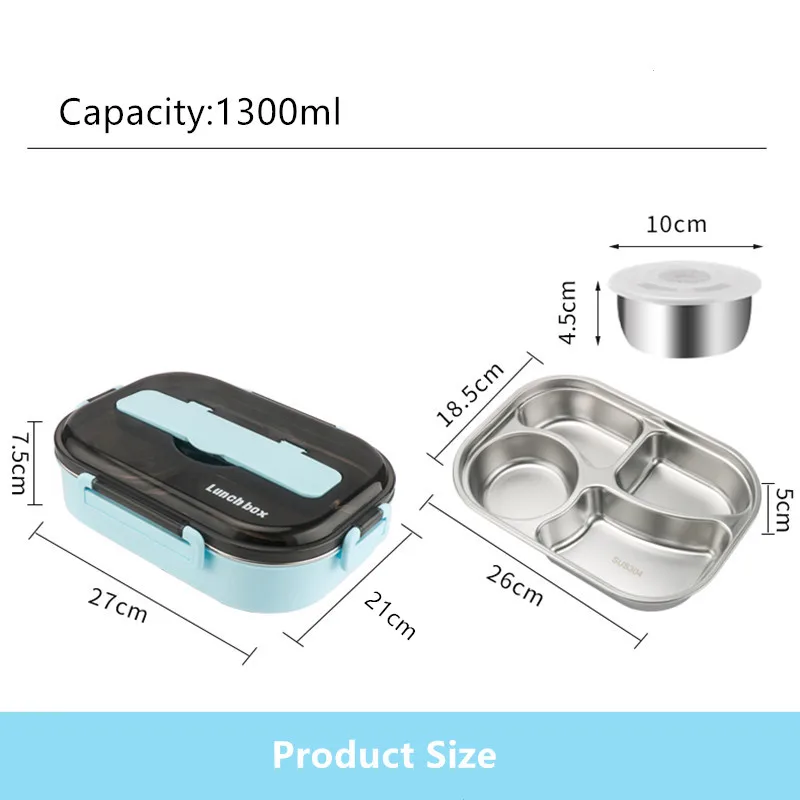 

1300ml stainless steel 304 lunch box with soup bowl leakproof meal prep tableware set microwave oven adult student food containe
