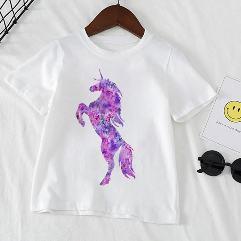 

Unicorn T-shirt Summer Fashion Clothes Girls Clothes Rainbow Horse Boys Clothes Crew Neck Casual Wild White Children's T-shirt