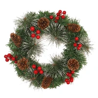 pine wreath with pine cones and red berries for home wall window staircase door decor