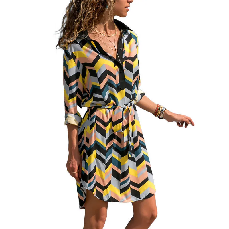 LEH Long Sleeve Shirt Dress 2019 Summer Chiffon Boho Beach Dresses Women Casual Striped Print A-line Mini Party Vestidos | Женская