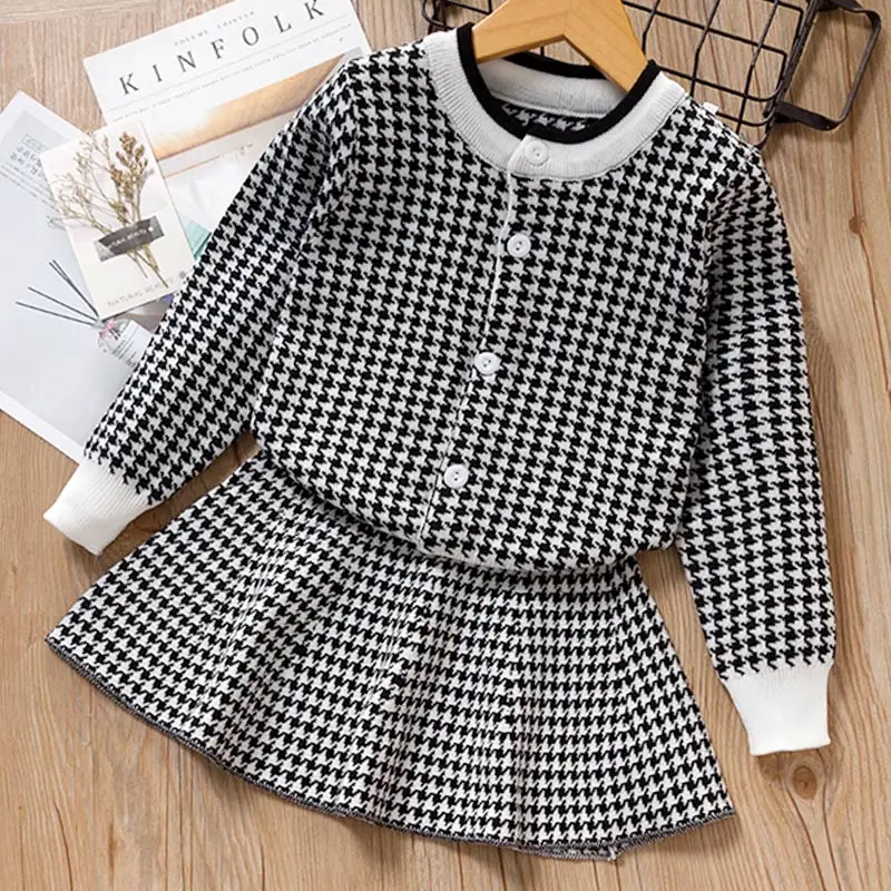 

OHMETOY Girls Dress 2021 Winter Dress Long Sleeve Girls Clothes Top Coat+ Dress Sweater Knitwear 2pcs
