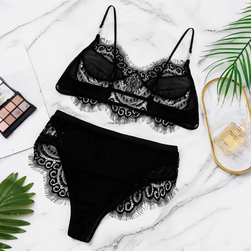 

Lace Transparent Bra Set Femme Sexy Lingerie Set Dot Mesh Bralette Women Push Up Brassiere Panties Sets Backless V Neck