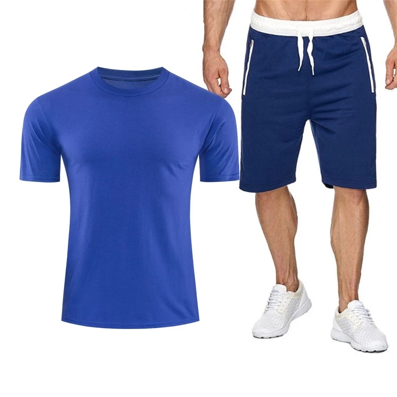 

2021 Men Casual Set Fashion 2 PCS Sweat Suit Solid Cotton Short Sleeve T-shirt Shorts Male Sportswear Tracksuit Summer Sportsuit