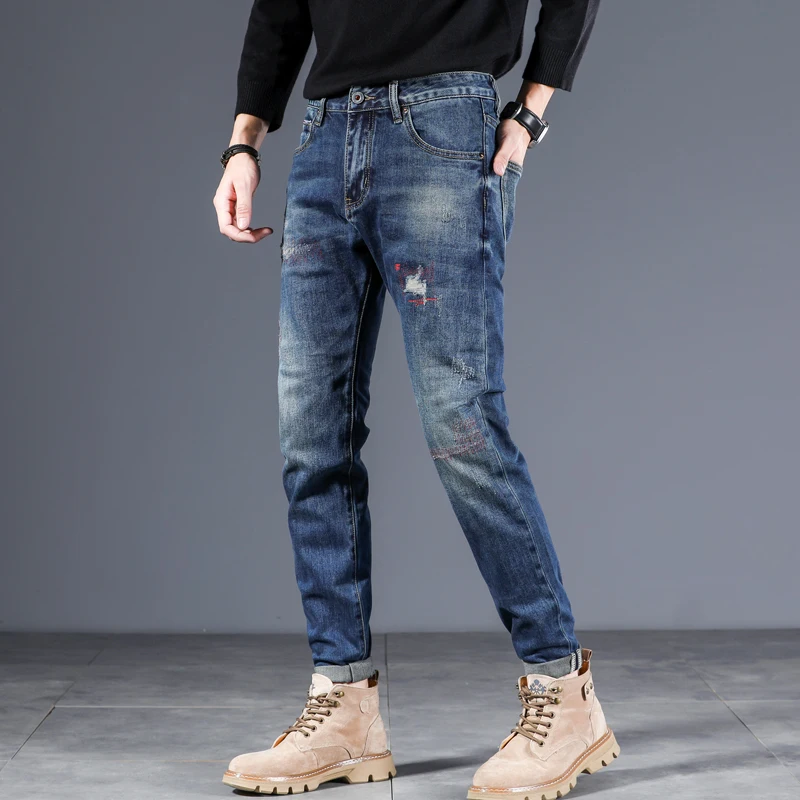 Джинсы мужские с вышивкой повседневные штаны модная уличная одежда рваные