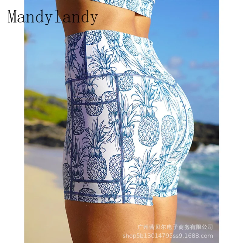 

Mandylandy Women Pineapple Print High Waist Short Leggings Femme Tights Tummy Control Yoga Fitness Stretch Skinny Shorts