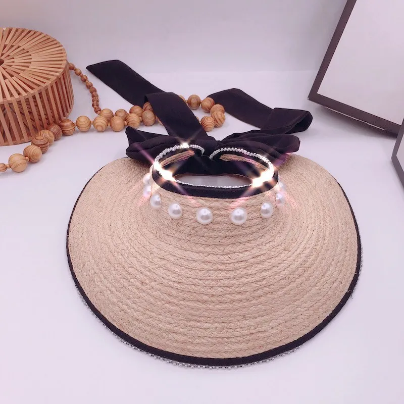 Новинка весенне-летняя модная женская шляпа из лучистой травы с жемчугом для