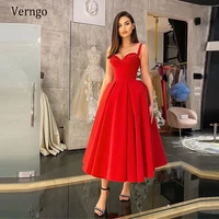 verngo 2021 red velour evening dresses spaghetti straps sweetheart lace puffy short prom gowns tea length modern party dress