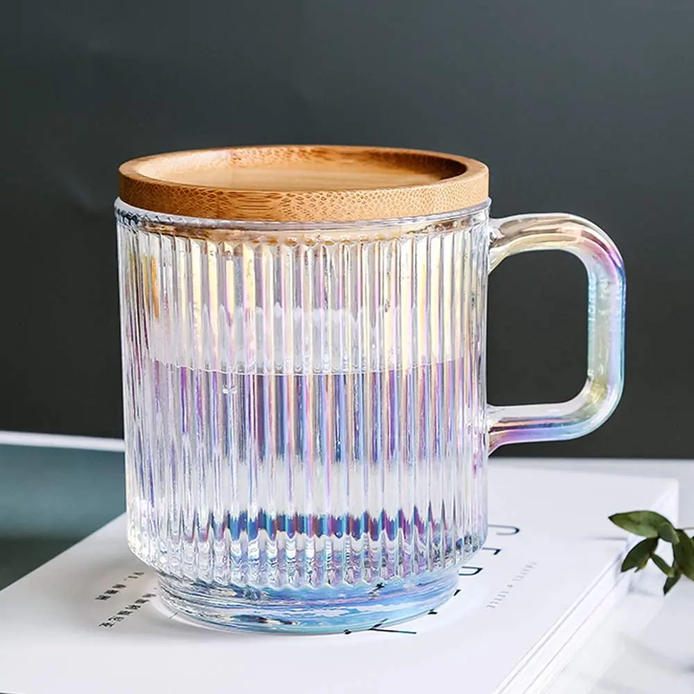 Iridescent Glass Coffee Mug with Bamboo Lid Premium Classical Vertical Stripes Glass Tea Cup With Handle  Milk Coffee Drinkware