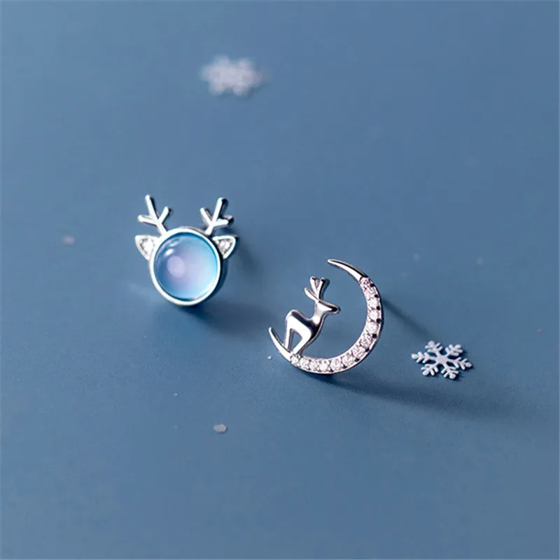 

925 Sterling Silver Asymmetry Opal Elk Moon Piercing Stud Earrings For Women Girls Christmas Party Jewelry Pendientes eh465