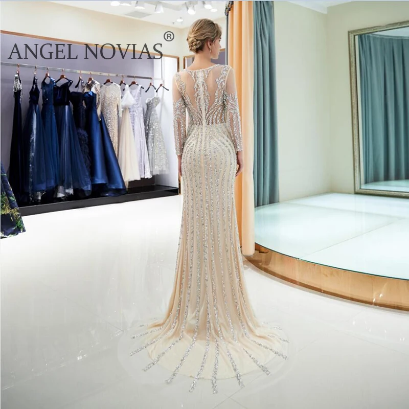 Женское вечернее платье ANGEL NOVIAS официальное цвета шампанского с длинным рукавом