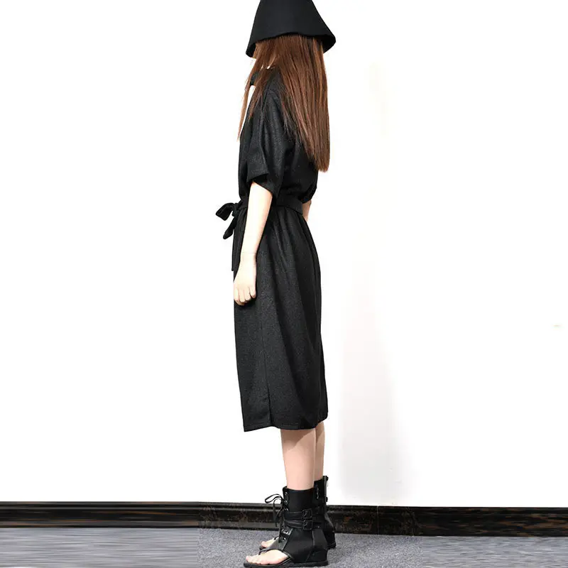 XITAO/повседневное женское платье с воротником-хомутом и поясом, осенняя мода, стиль, свободное платье с коротким рукавом и карманами GCC2815