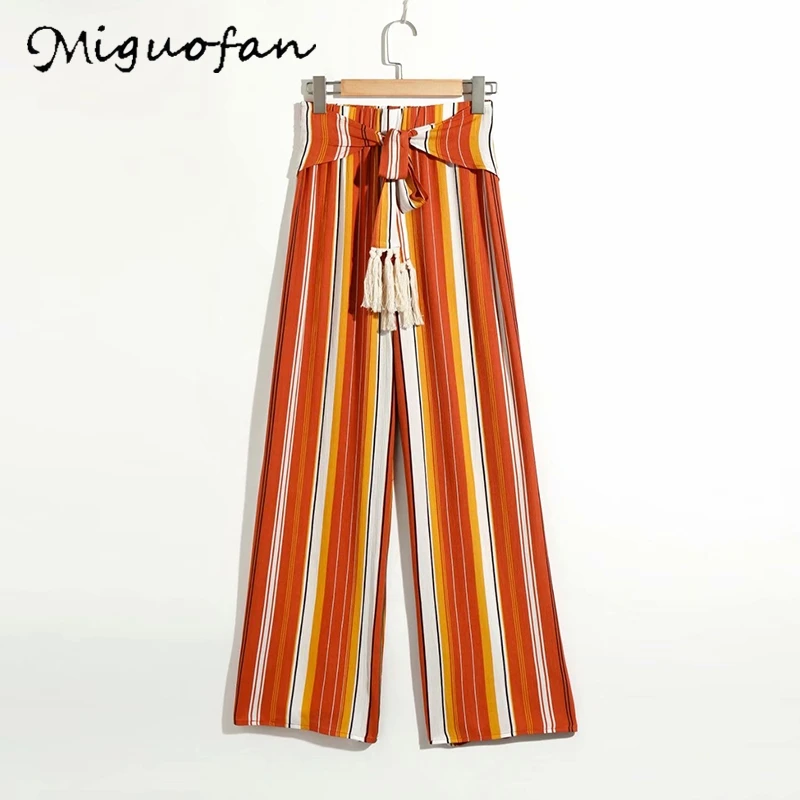Miguofan boho свободные длинные штаны в полоску с принтом повседневные для женщин