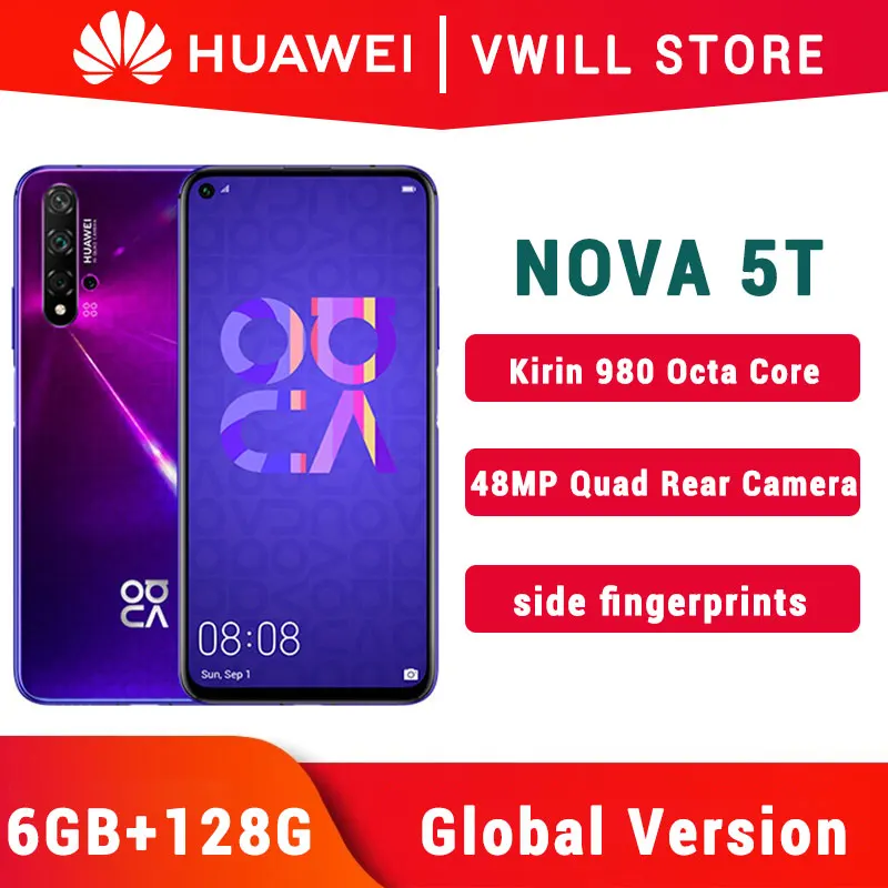 Глобальная версия HUAWEI Nova/5T мобильного телефона 6 26 дюймов Kirin 980 Octa Core ГБ 128 Android 9