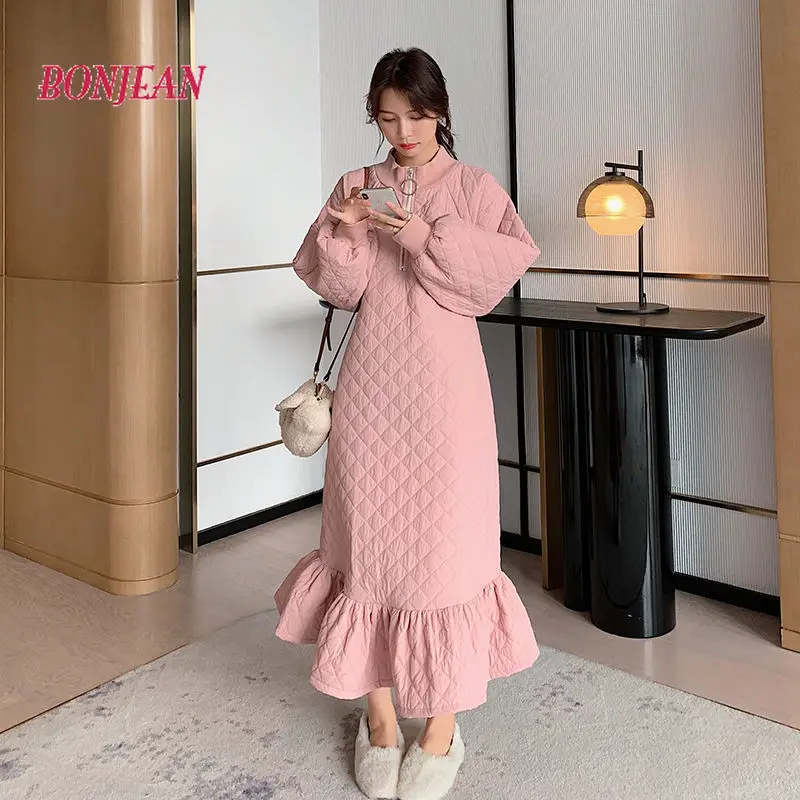 Women Winter Parka Dress Pink Rhombus Quilting Padded Long Sleeve Dress Warm Winter Streetwear Parkas Waistcoat Dress Vestidos