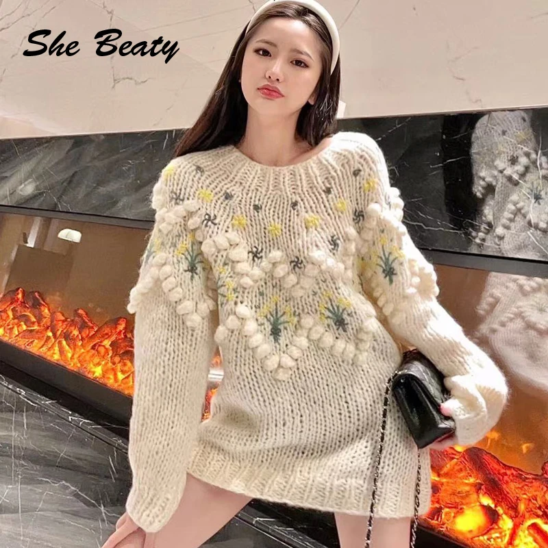 

She Beaty Women Sweater Pullovers High Quality Vintage Embroidery Flowers O-Neck Long Sleeve Loose Casual Korean Traf Tops Mujer