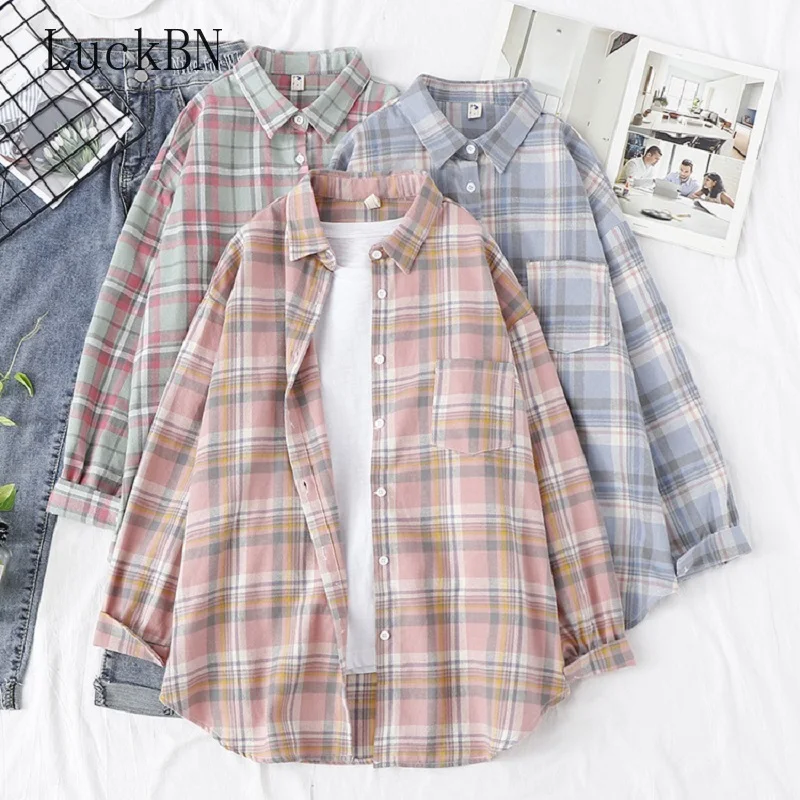 Рубашка женская свободная из 100% хлопка в клетку стиле бойфренда | Женская одежда