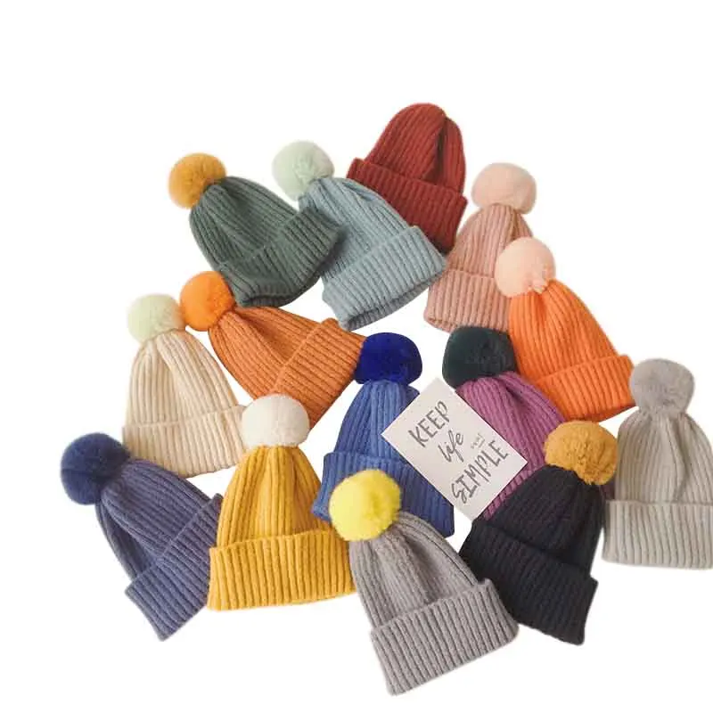 Gorro de punto con pomp&oacute;n para beb&eacute;, gorro c&aacute;lido para invierno, lana suave, Color s&oacute;lido, pomp&oacute;n de piel de conejo, 13 colores-4