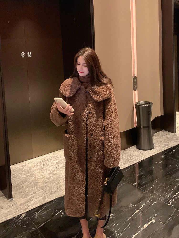 

Women 2022 Autumn Winter Real Fur Long Coat Jacket Female Genuine Wool Fur Jackets Thick Warm Loose Outwear Casaco Feminino A24