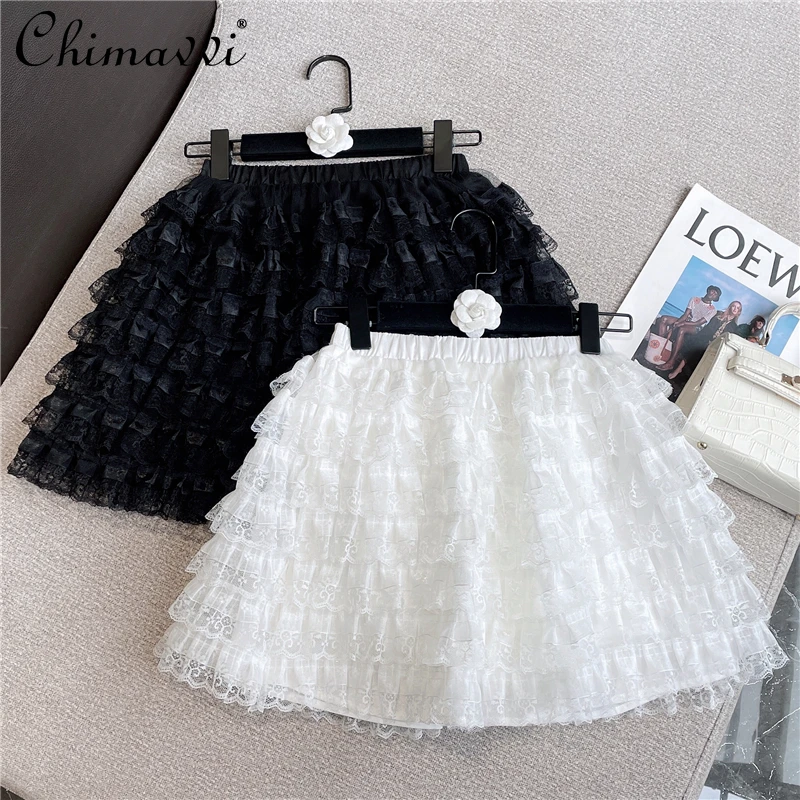 

2021 Winter Fashion Slim Fit Slimming Versatile High Waist Lace Tiered Skirt Short Temperamental A- Line Gauzy Skirt for Women