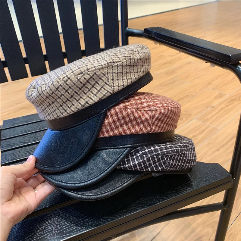 Кепка в клетку женская винтажная уличная шляпа из искусственной кожи с защитой