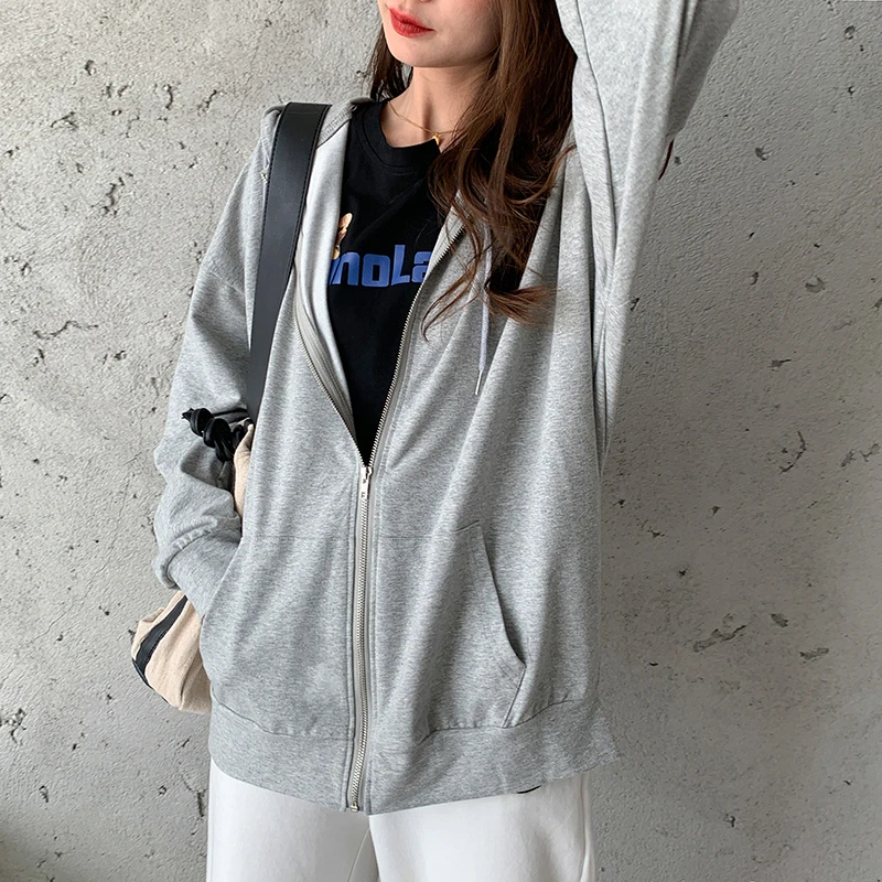 

Harajuku Korean version loose thin long-sleeved hooded sun protection coat solid color retro shirt student girl top