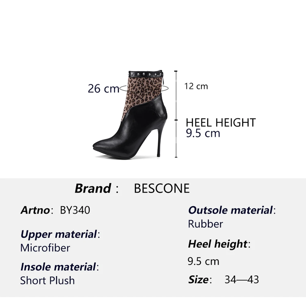 

BESCONE Sexy Pointed Toe Ladies Boots Winter Basic Warm Thin Heel Shoes Women Fashion Leopard Print Handmade Zipper Boots BM340