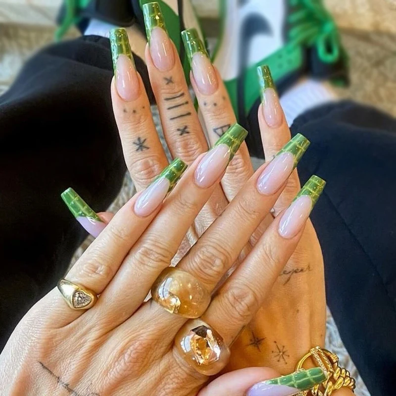 

24Pcs Long Ballet Coffin Nail Art French False Nails Green Crocodile Pattern Press On False Nail Tips manicure Nail Wraps MJP05