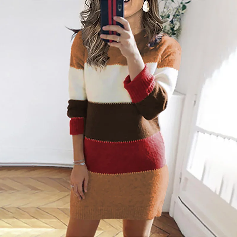 

SENAM Autumn Winter Dress 2021 Long Sleeve Knitted sweater Dress Patchwork With Difference Color Soft Warm and Comfortable