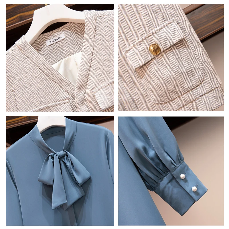 

L-4XL Plus Size Women Two Piece Set Dress Spring 2021 Elegant Woolen Vest and Bow Collar Long Sleeve Loose Blue Shirt Dresses