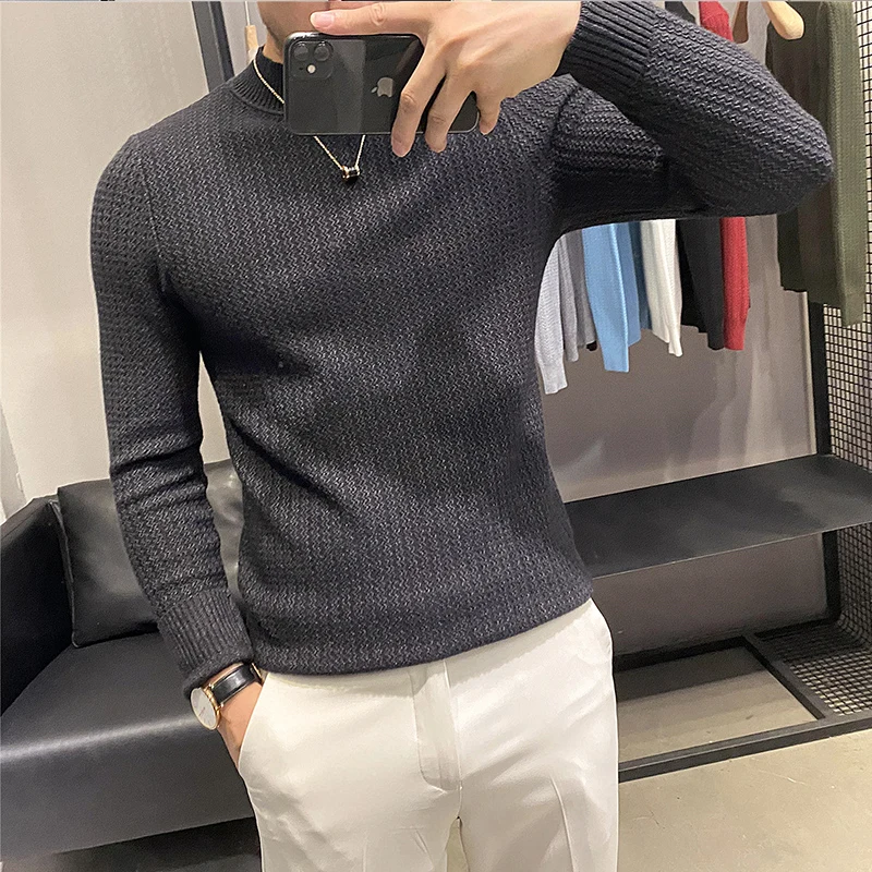 

2022 Autumn Winter New Men's Mock Neck Sweaters Knitted Pullovers Men Solid Color Casual Male Long Sleeve Knitwear Sweater K06