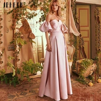 jeheth pink strapless v neck satin a line prom dress puff sleeve backless evening cocktail party gown with pockets plus size