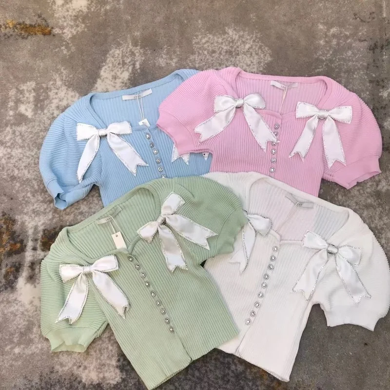 

Summer Women Short Kawaii Knit Bowknot Puff Sleeve Cardigan Slim Beading Sweater Top Elegant 2021 Sweet Cute Tops Y2k Fashion