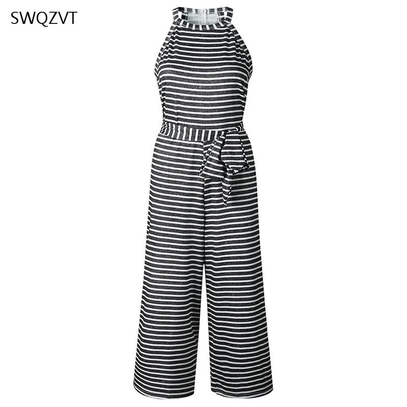 Комбинезон женский в полоску с круглым вырезом и завязкой на талии | Женская