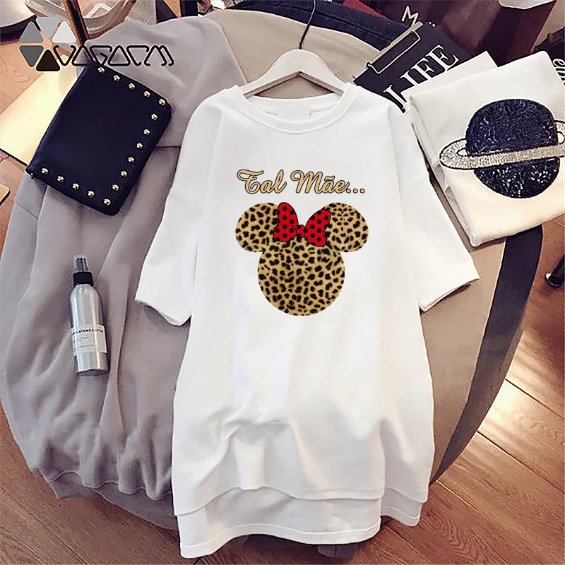 

Women Leopard Summer Dress Disney Cartoon Short Sleeve O Neck Loose Dresses Club Vintage Vestidos Mickey Mouse Femme Robe Kawaii