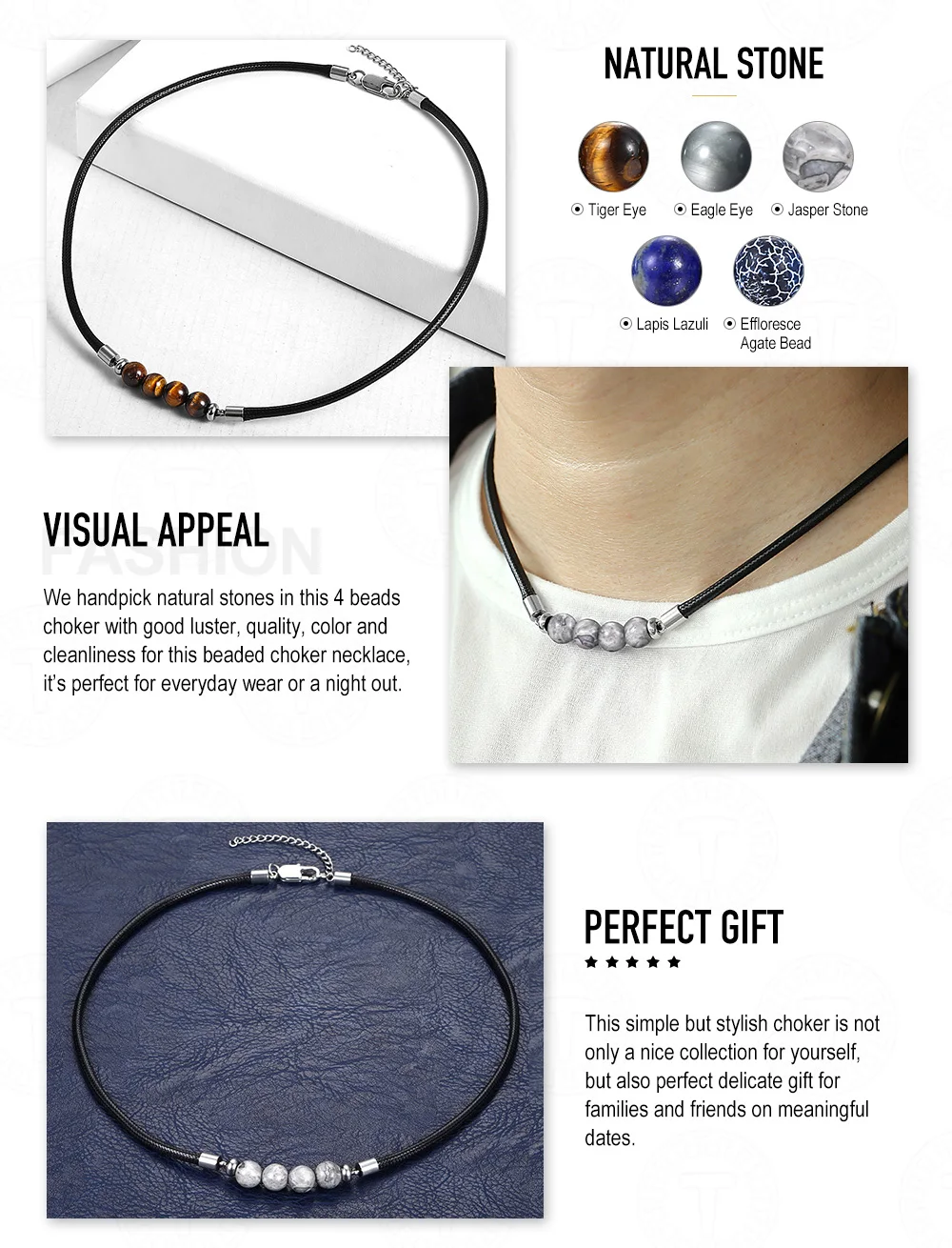 Trendsmax 8mm Natural Tiger Eye Stone Bead Necklace Charm Black Leather Cord Choker Necklace for Men Women Jewelry Gift DN125