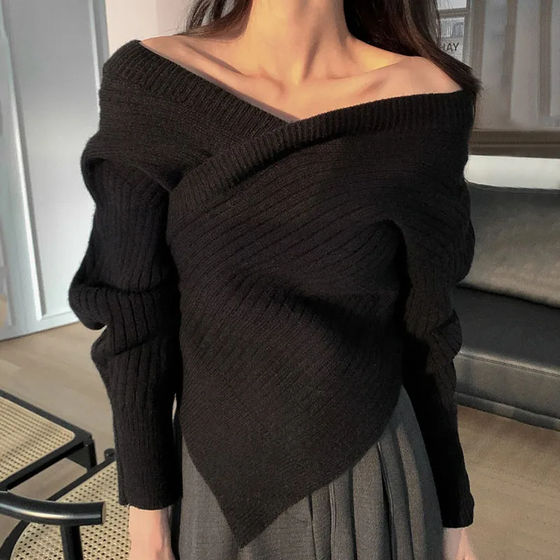 

Женские свитера, новинка осень-зима 2021, корейский модный элегантный вязаный пуловер с перекрестным вырезом и открытыми плечами нестандартн...
